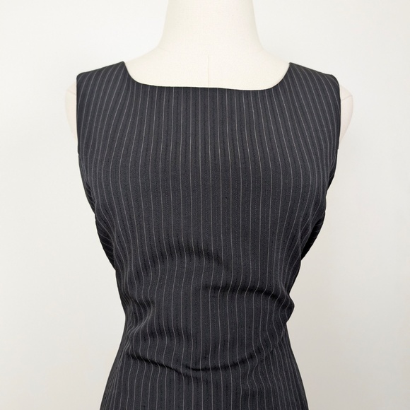 90s Pinstripe Mini Dress Short Thigh Length High Neckline Pleated Fitted Stripes - Picture 13 of 14